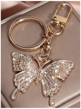 Crystal Encrusted Butterfly Keychain Rose-Golden Alloy Rhinestone Purse Fob